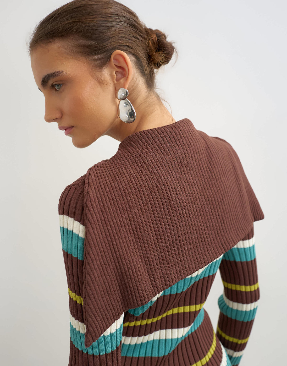 Topshop knitted ribbed long sleeve half zip funnel jumper in brown stripe