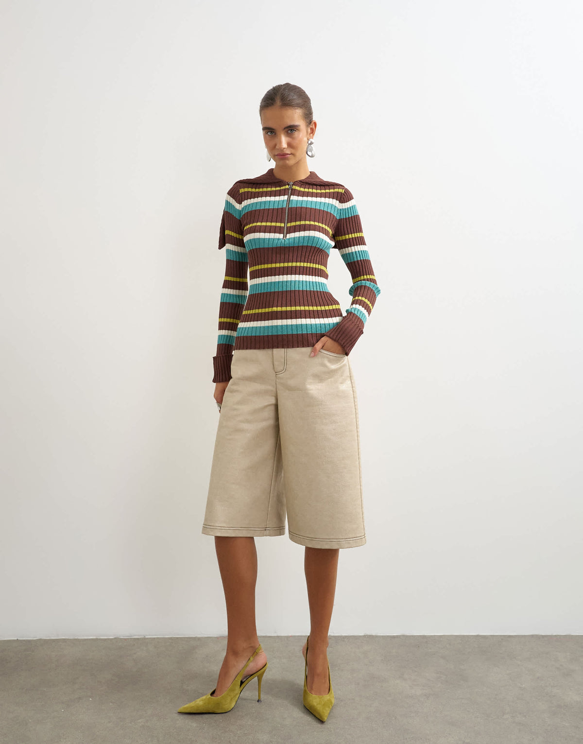Topshop knitted ribbed long sleeve half zip funnel jumper in brown stripe