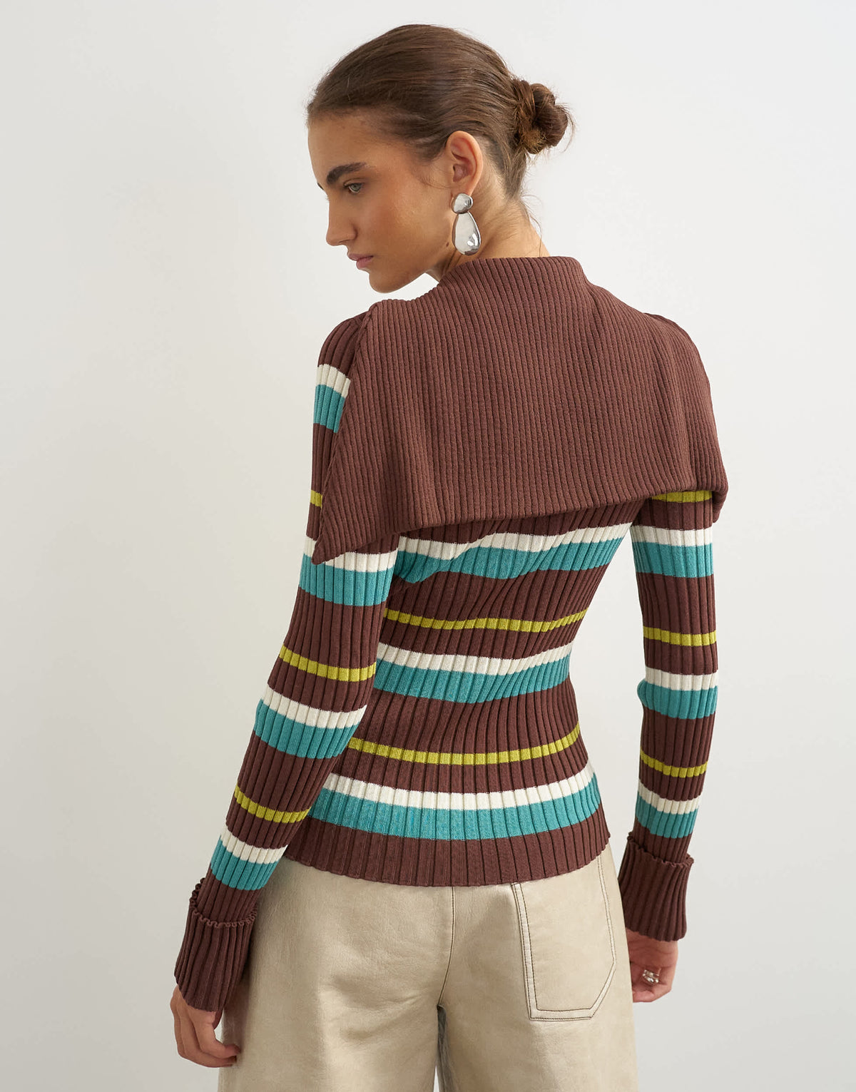 Topshop knitted ribbed long sleeve half zip funnel jumper in brown stripe