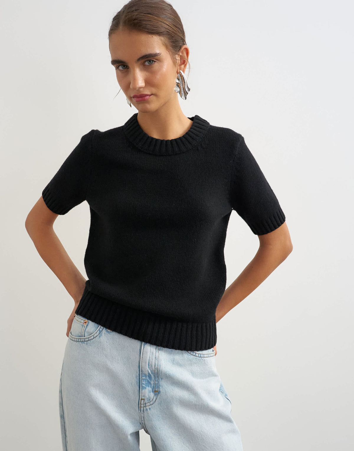 Topshop knitted premium pure lambswool short sleeve crew neck t-shirt in black with lilac tipping