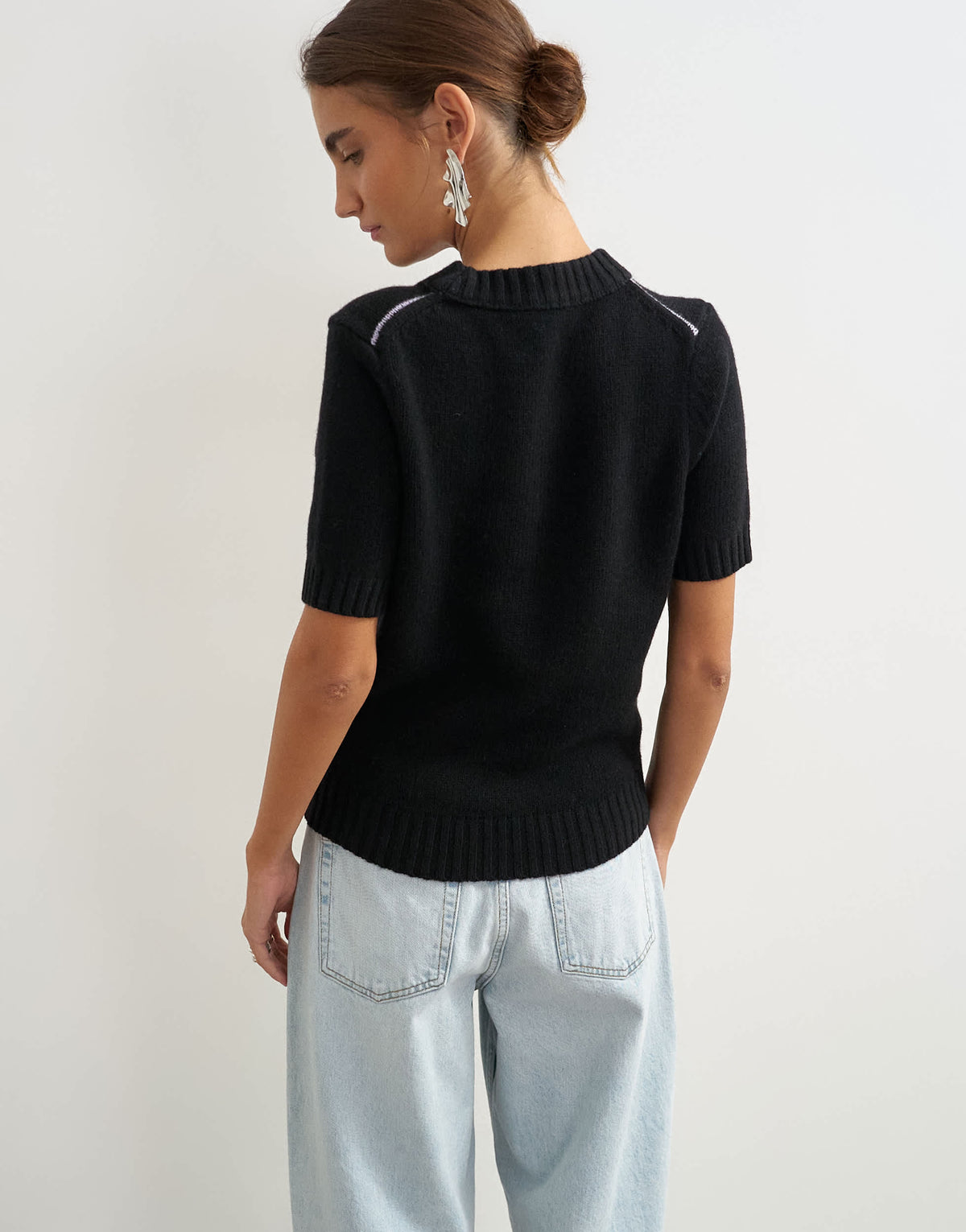 Topshop knitted premium pure lambswool short sleeve crew neck t-shirt in black with lilac tipping