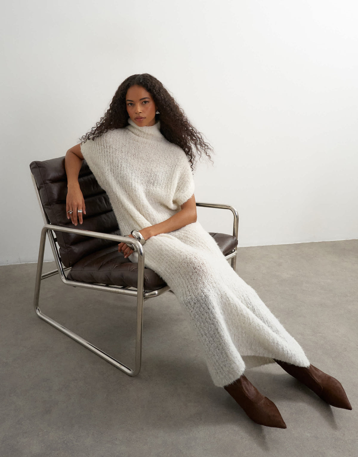Topshop knitted sheer funnel neck maxi dress with wool in ivory