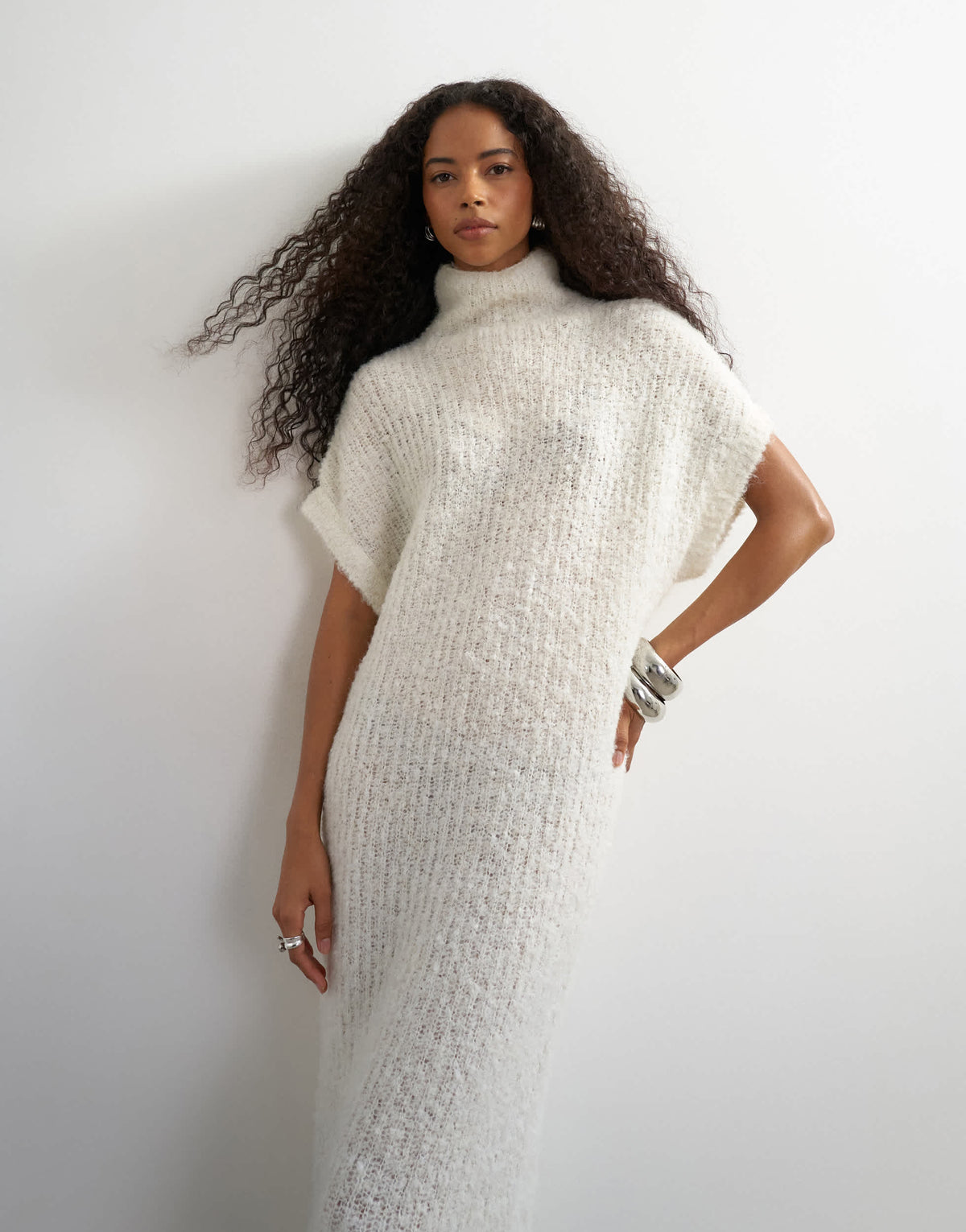 Topshop knitted sheer funnel neck maxi dress with wool in ivory