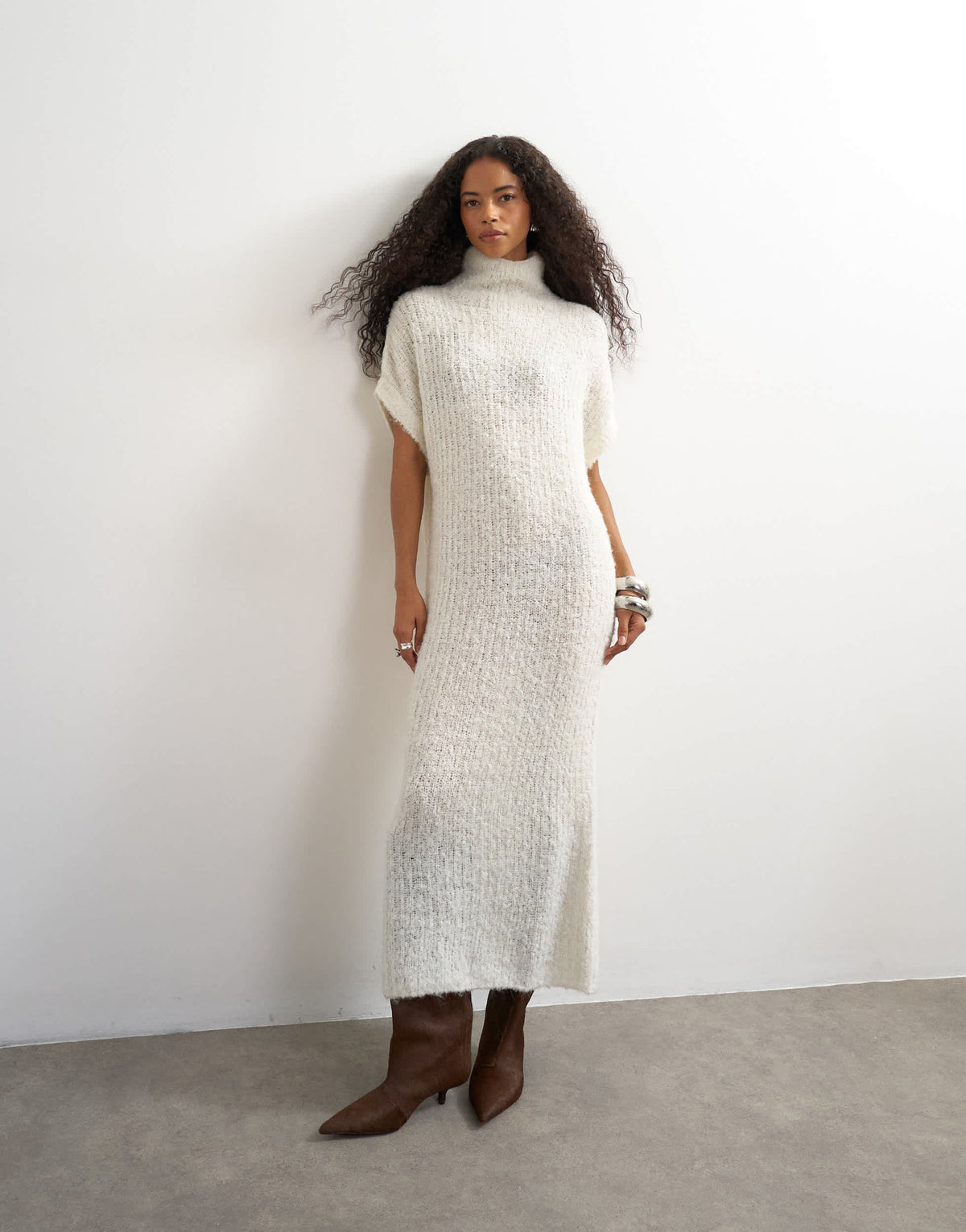 Topshop knitted sheer funnel neck maxi dress with wool in ivory