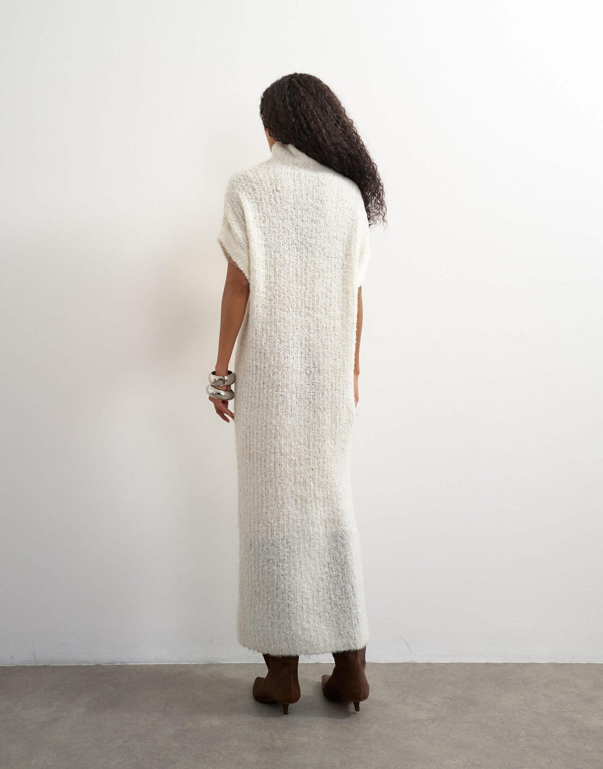 Topshop knitted sheer funnel neck maxi dress with wool in ivory