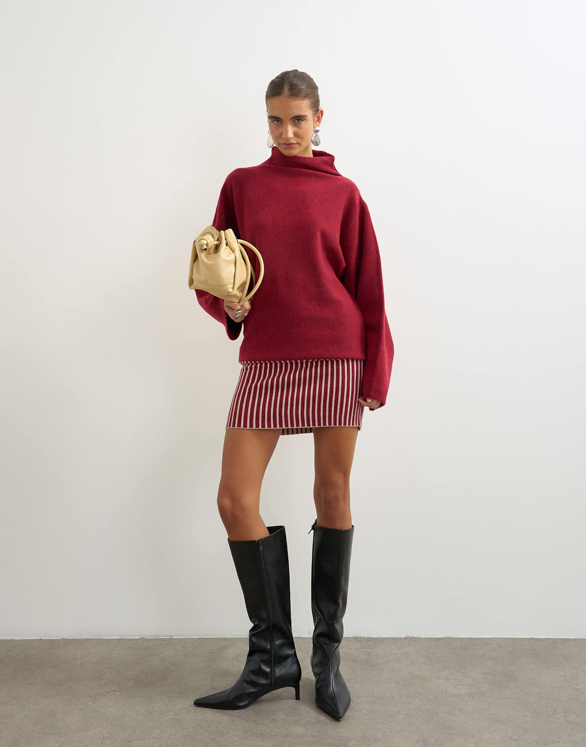 Topshop knitted long sleeve stripe mini dress with wool in burgundy