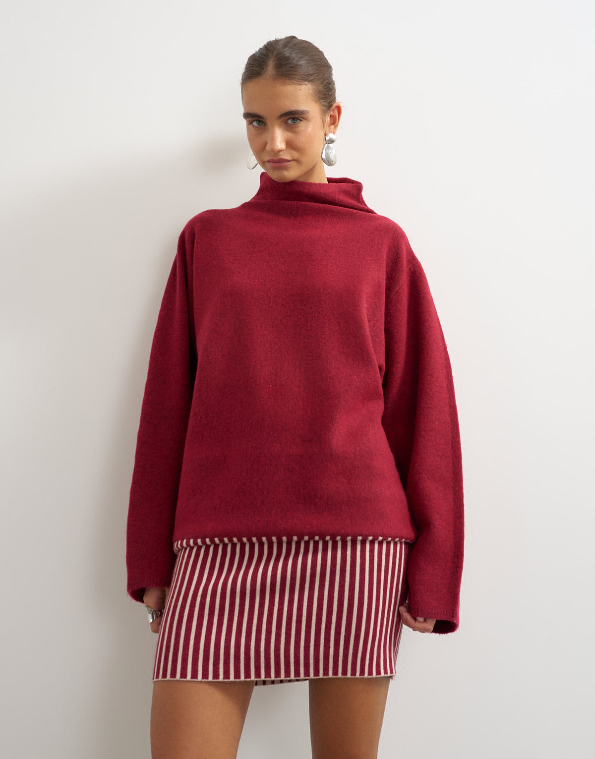 Topshop knitted long sleeve stripe mini dress with wool in burgundy