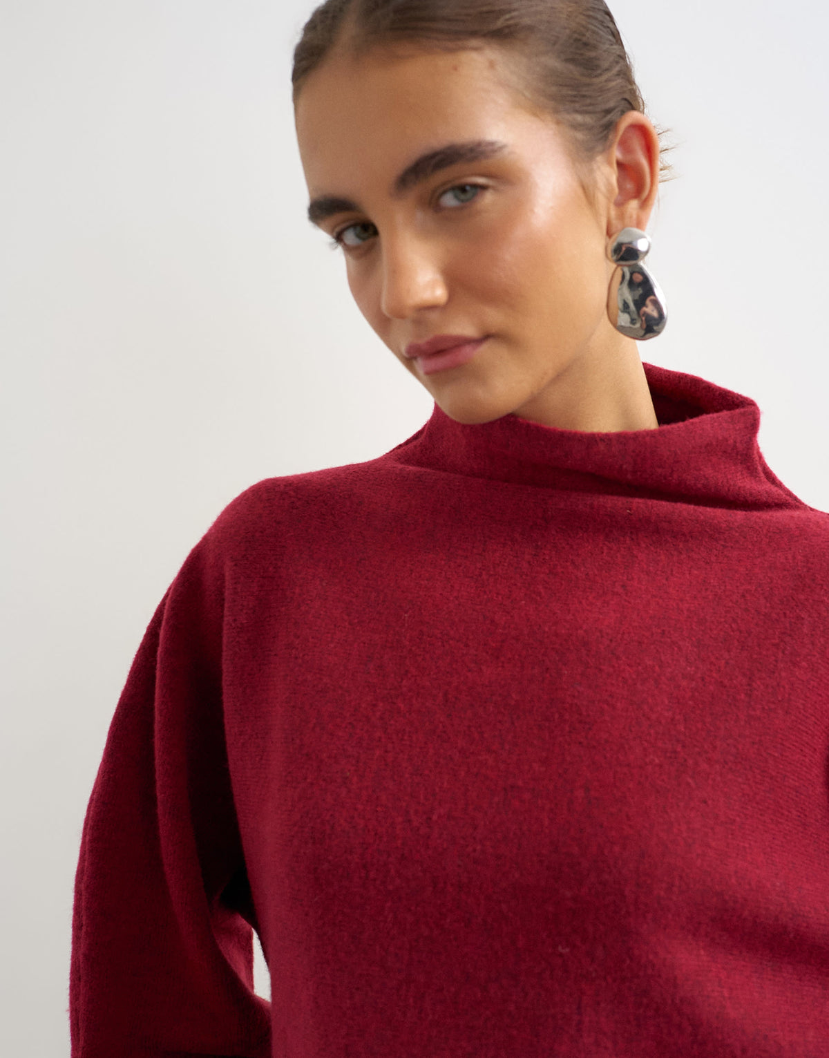 Topshop knitted long sleeve stripe mini dress with wool in burgundy