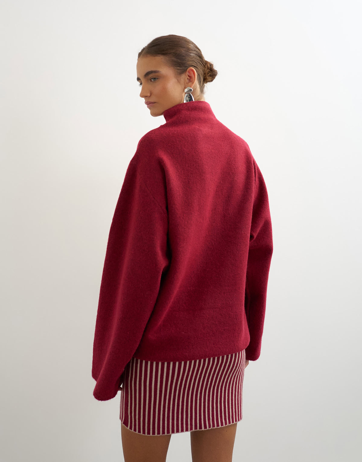 Topshop knitted long sleeve stripe mini dress with wool in burgundy