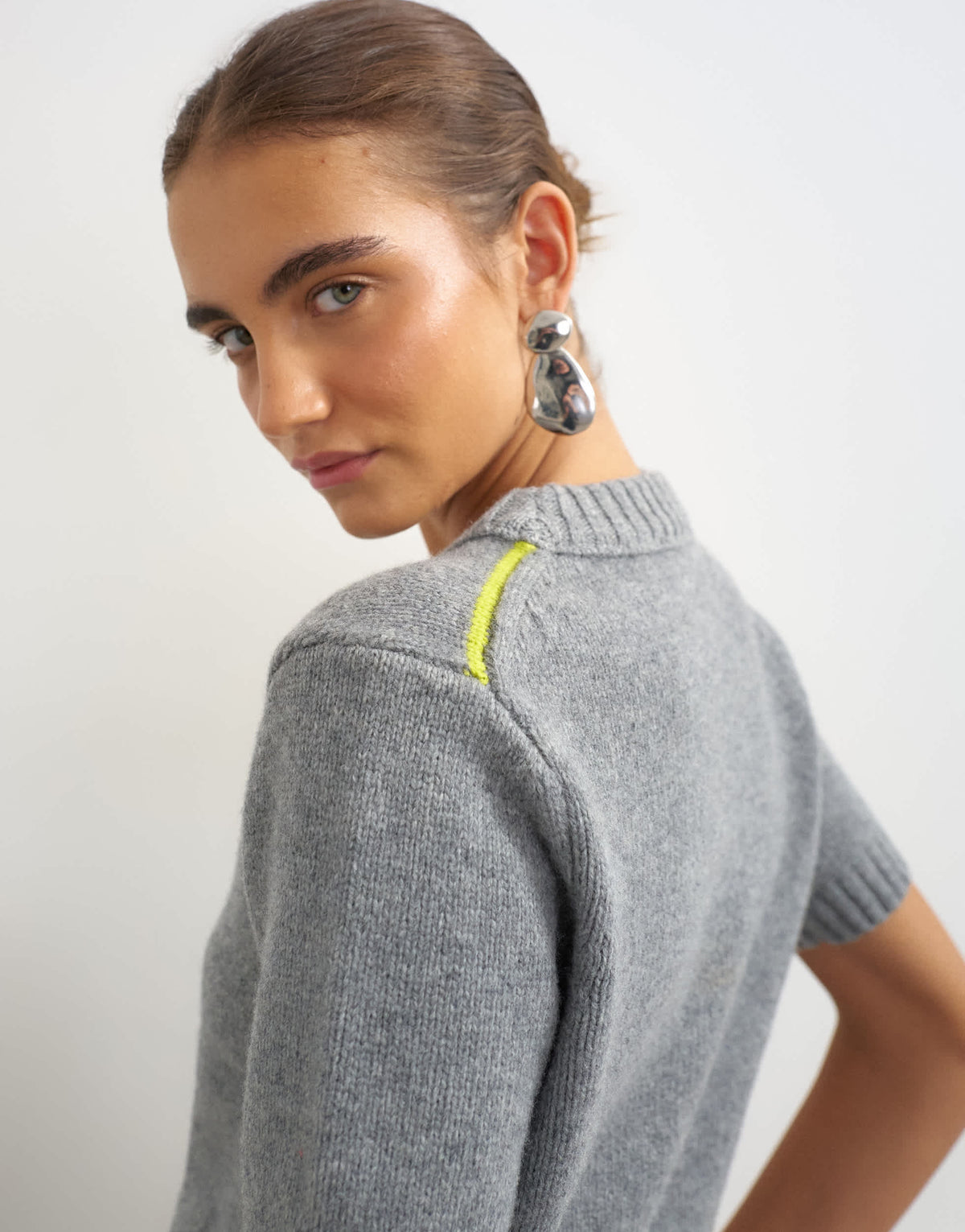Topshop knitted premium pure lambswool short sleeve crew neck t-shirt in grey with lime tipping