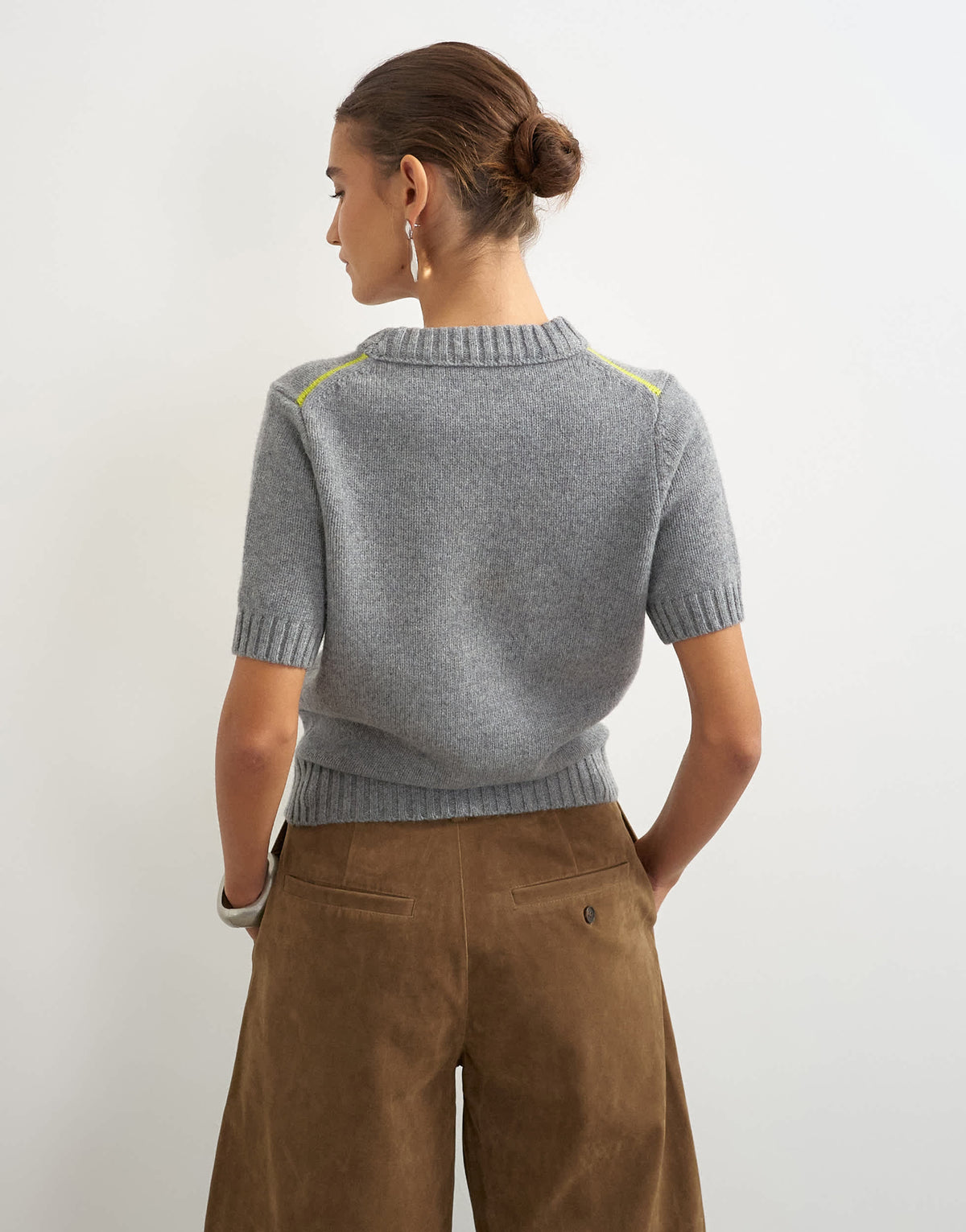 Topshop knitted premium pure lambswool short sleeve crew neck t-shirt in grey with lime tipping