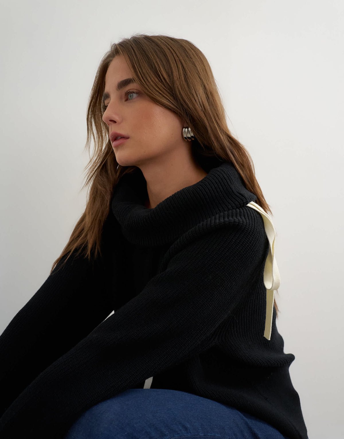 Topshop knitted tie funnel neck ribbed jumper in black with ivory tipping