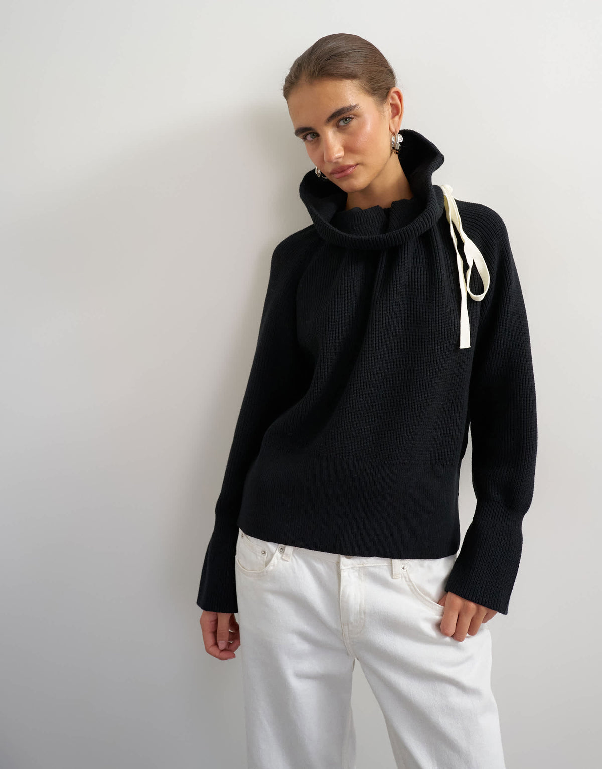 Topshop knitted tie funnel neck ribbed jumper in black with ivory tipping