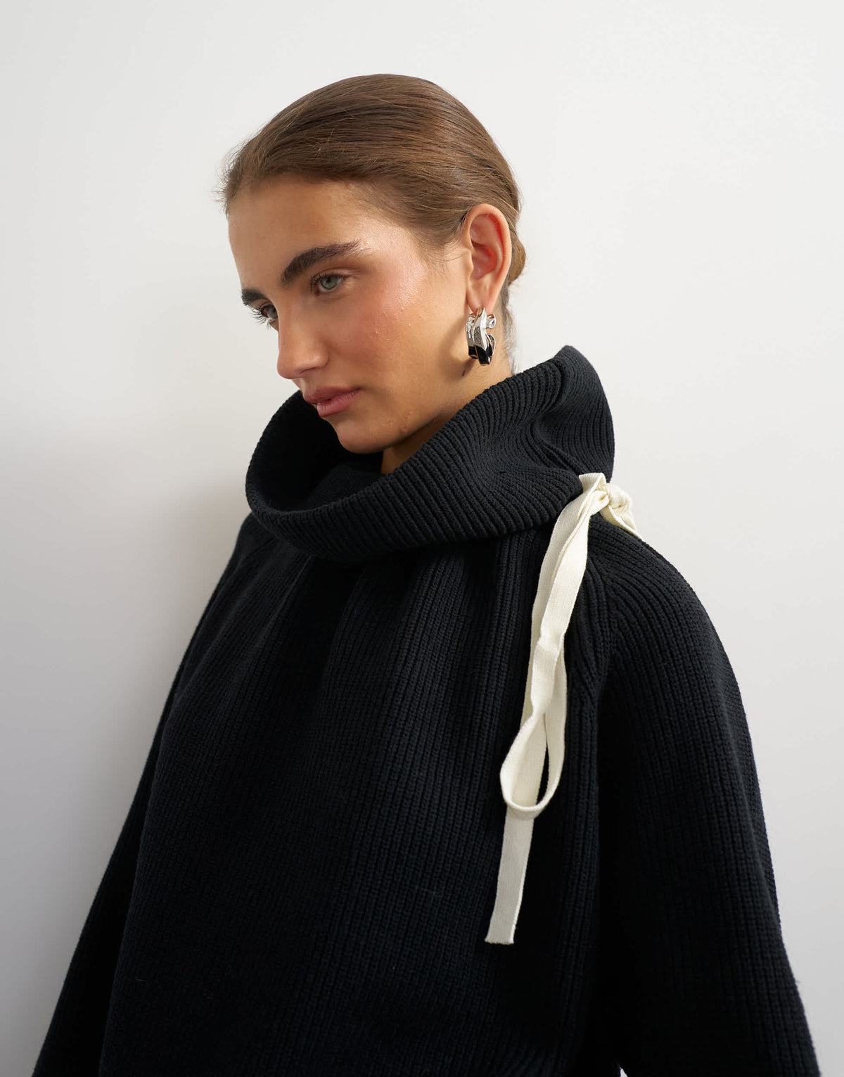 Topshop knitted tie funnel neck ribbed jumper in black with ivory tipping