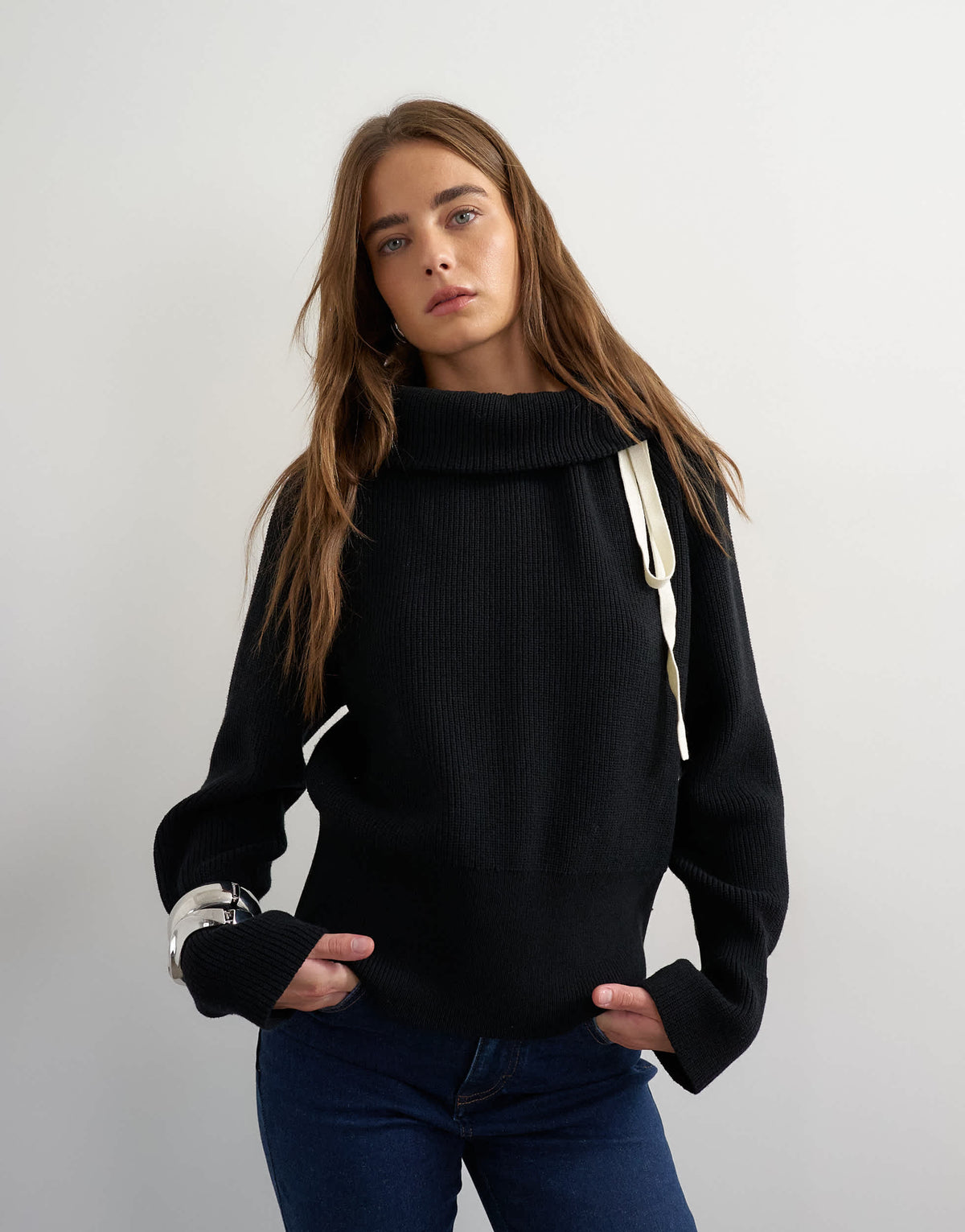 Topshop knitted tie funnel neck ribbed jumper in black with ivory tipping