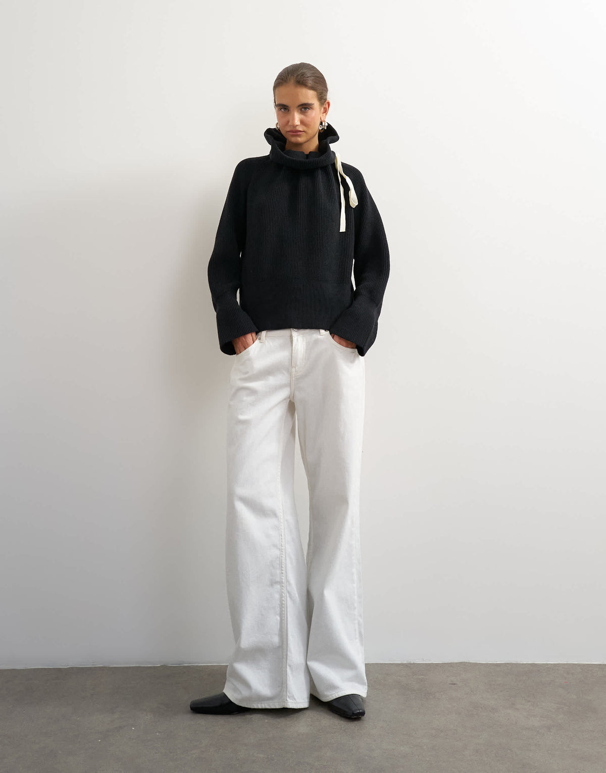 Topshop knitted tie funnel neck ribbed jumper in black with ivory tipping