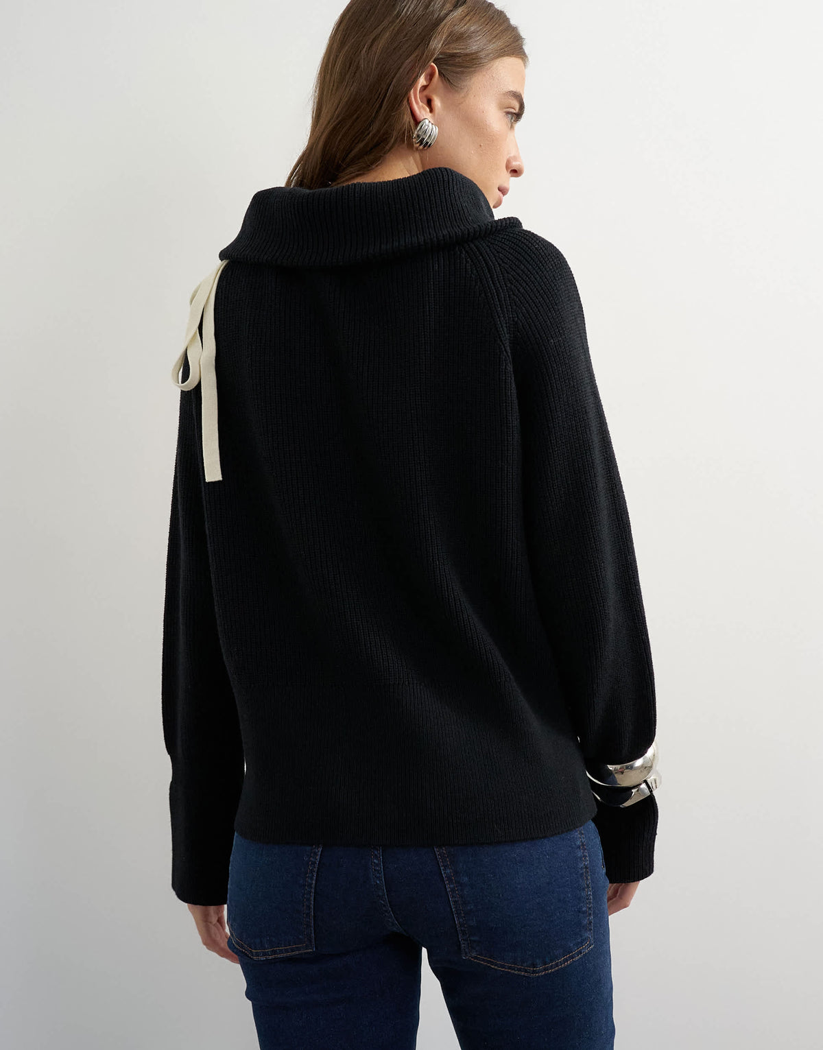 Topshop knitted tie funnel neck ribbed jumper in black with ivory tipping