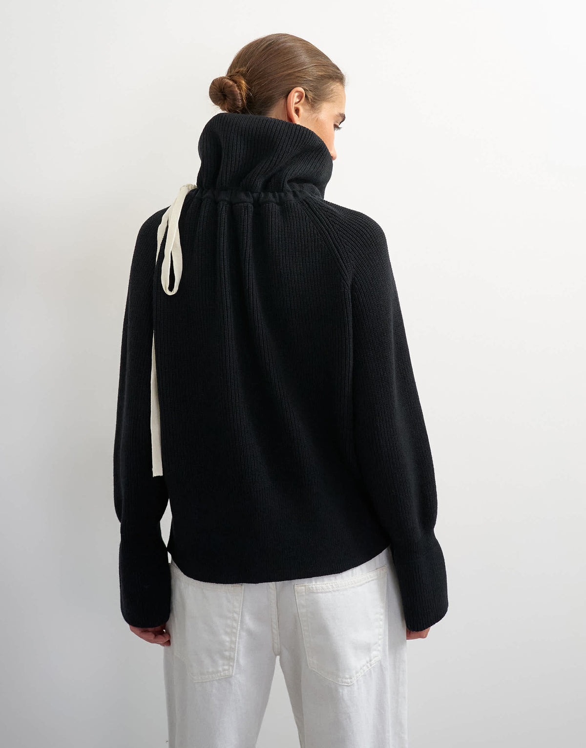 Topshop knitted tie funnel neck ribbed jumper in black with ivory tipping
