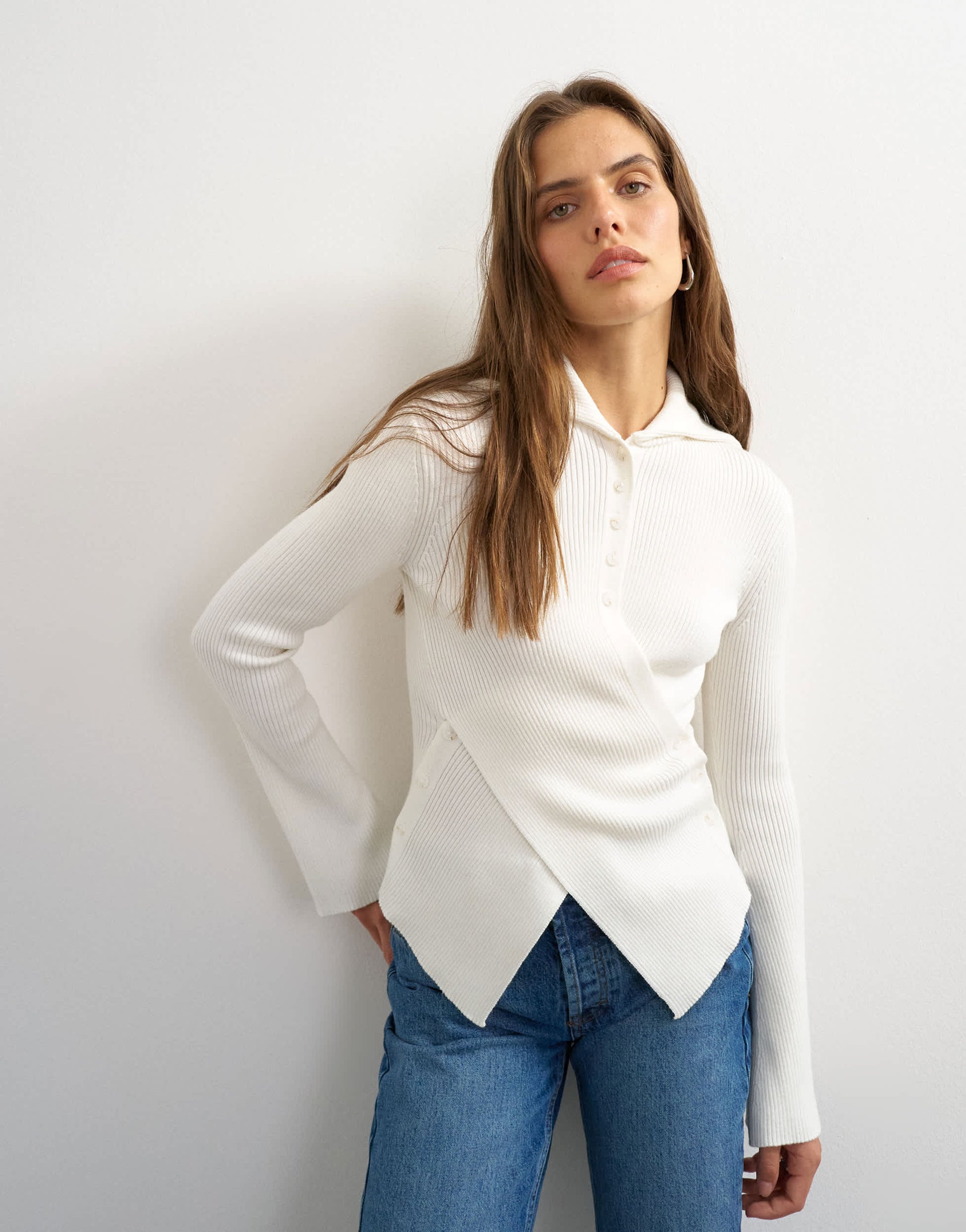 Topshop knitted asymmetric shawl collar jumper in ivory