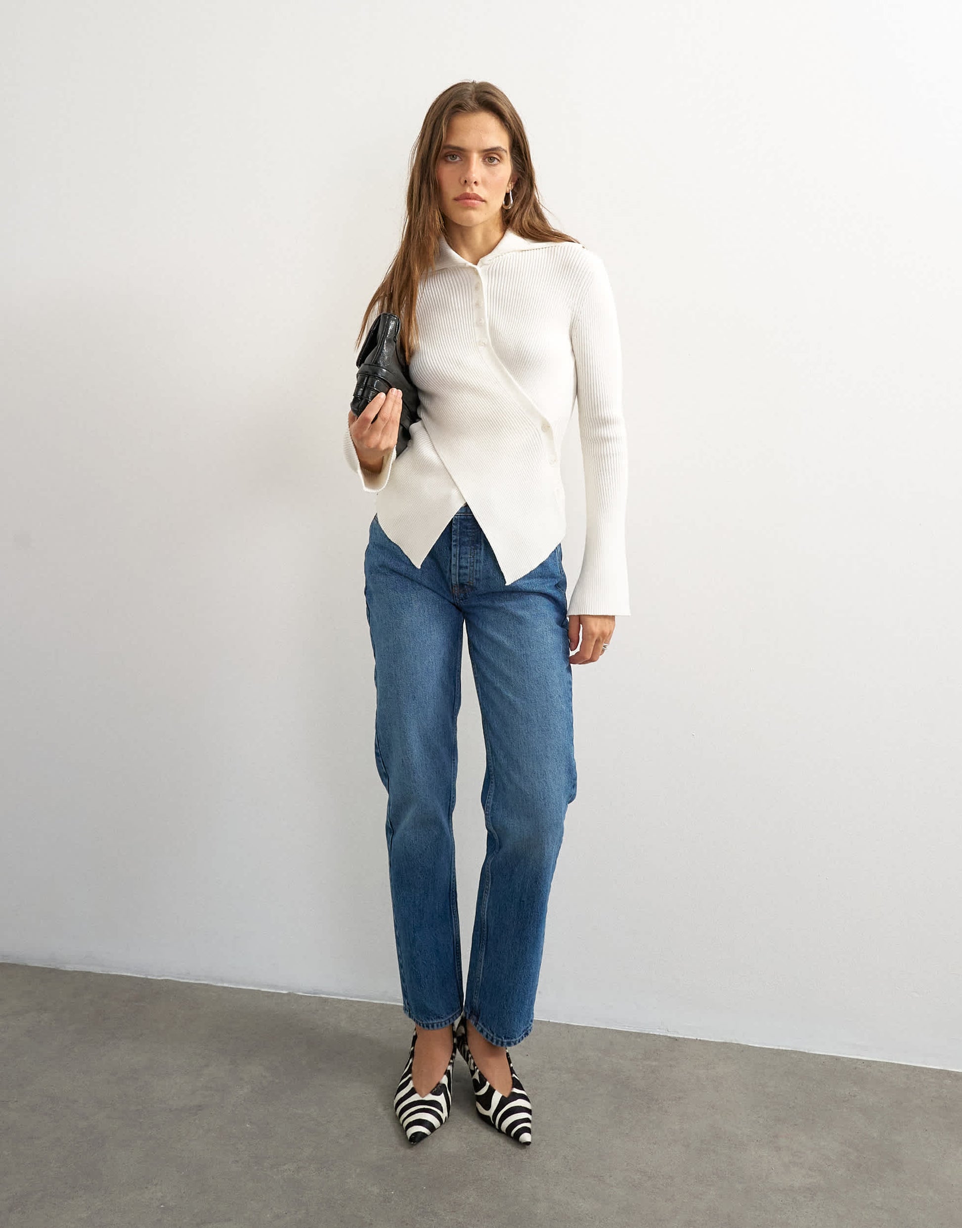 Topshop knitted asymmetric shawl collar jumper in ivory