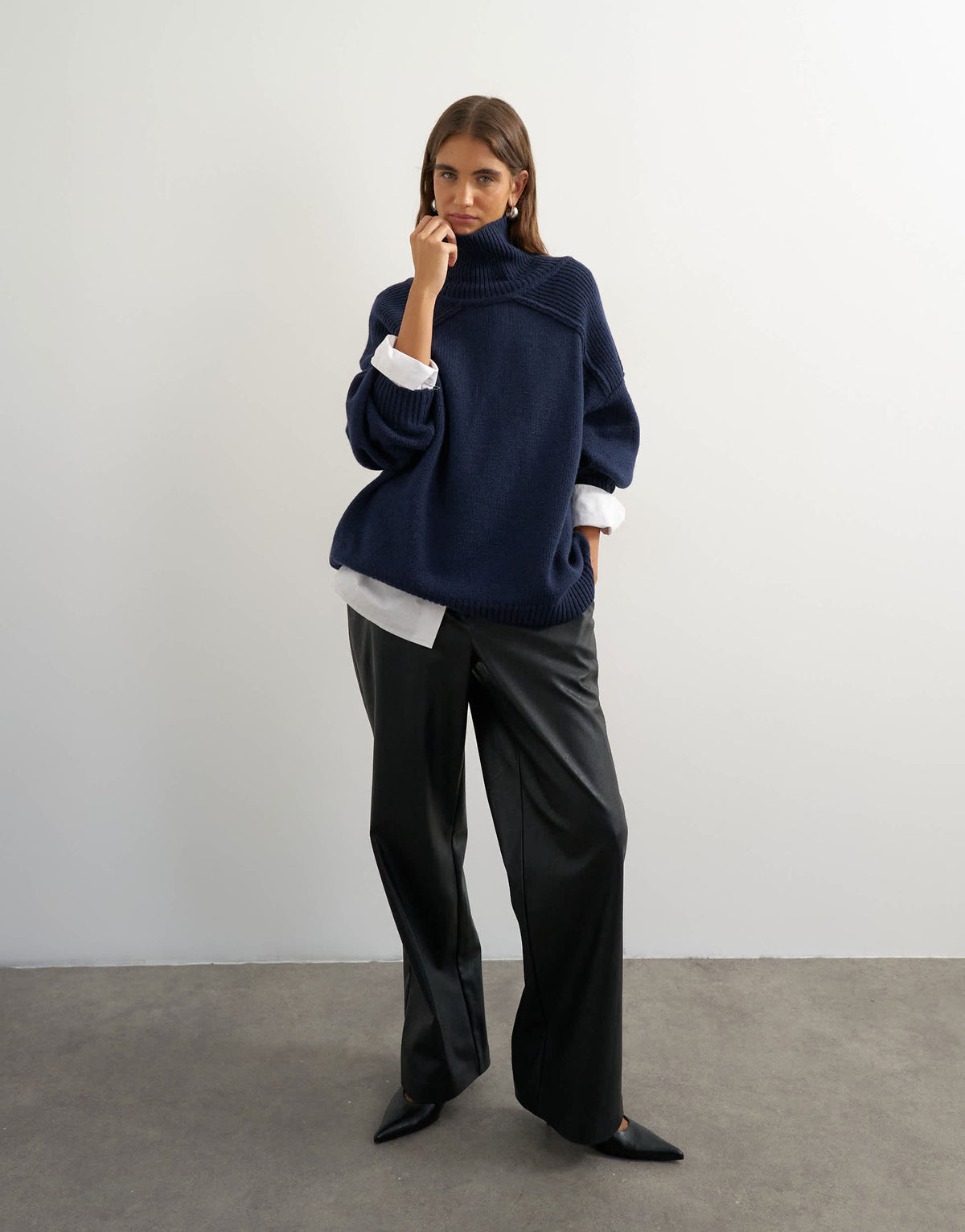 Topshop knitted wool blend high neck jumper in navy