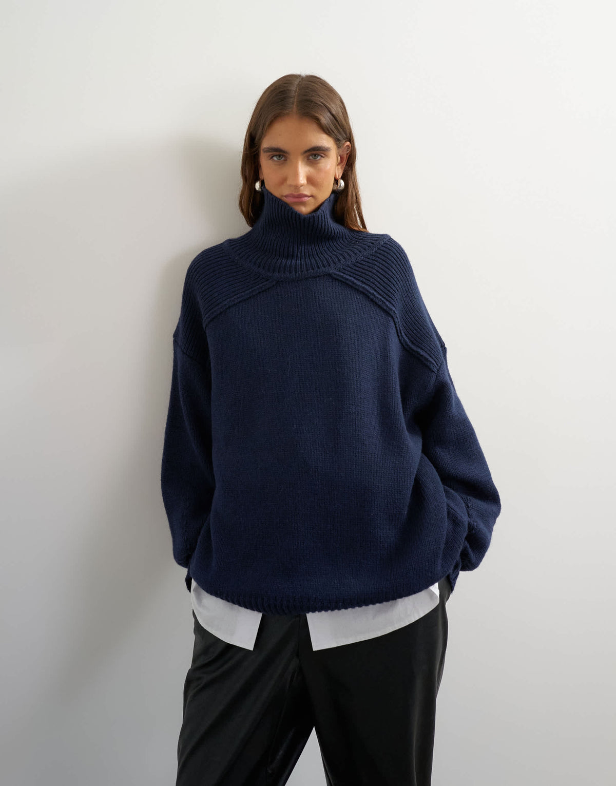 Topshop knitted wool blend high neck jumper in navy