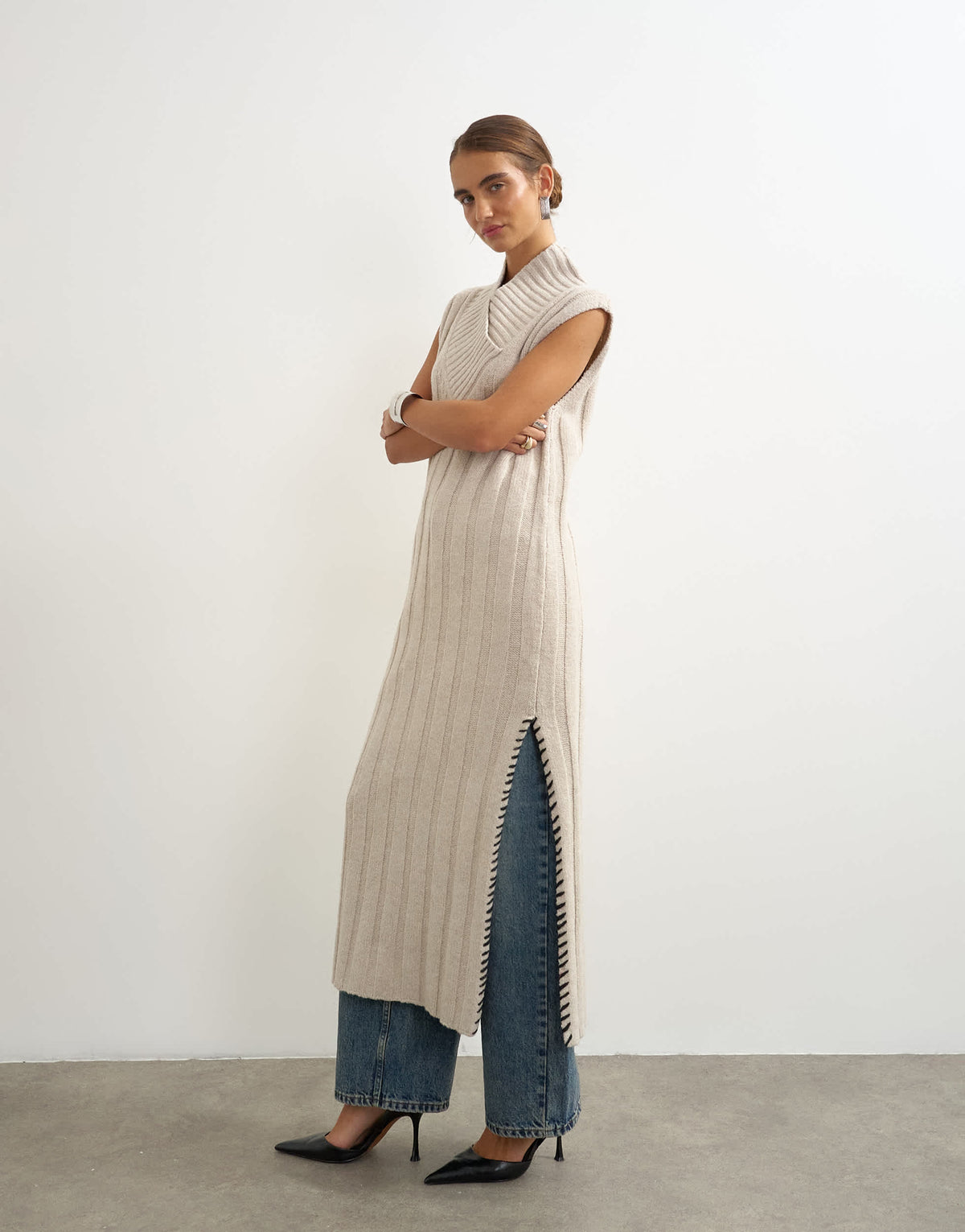 Topshop knitted cable stitch long line dress in oat