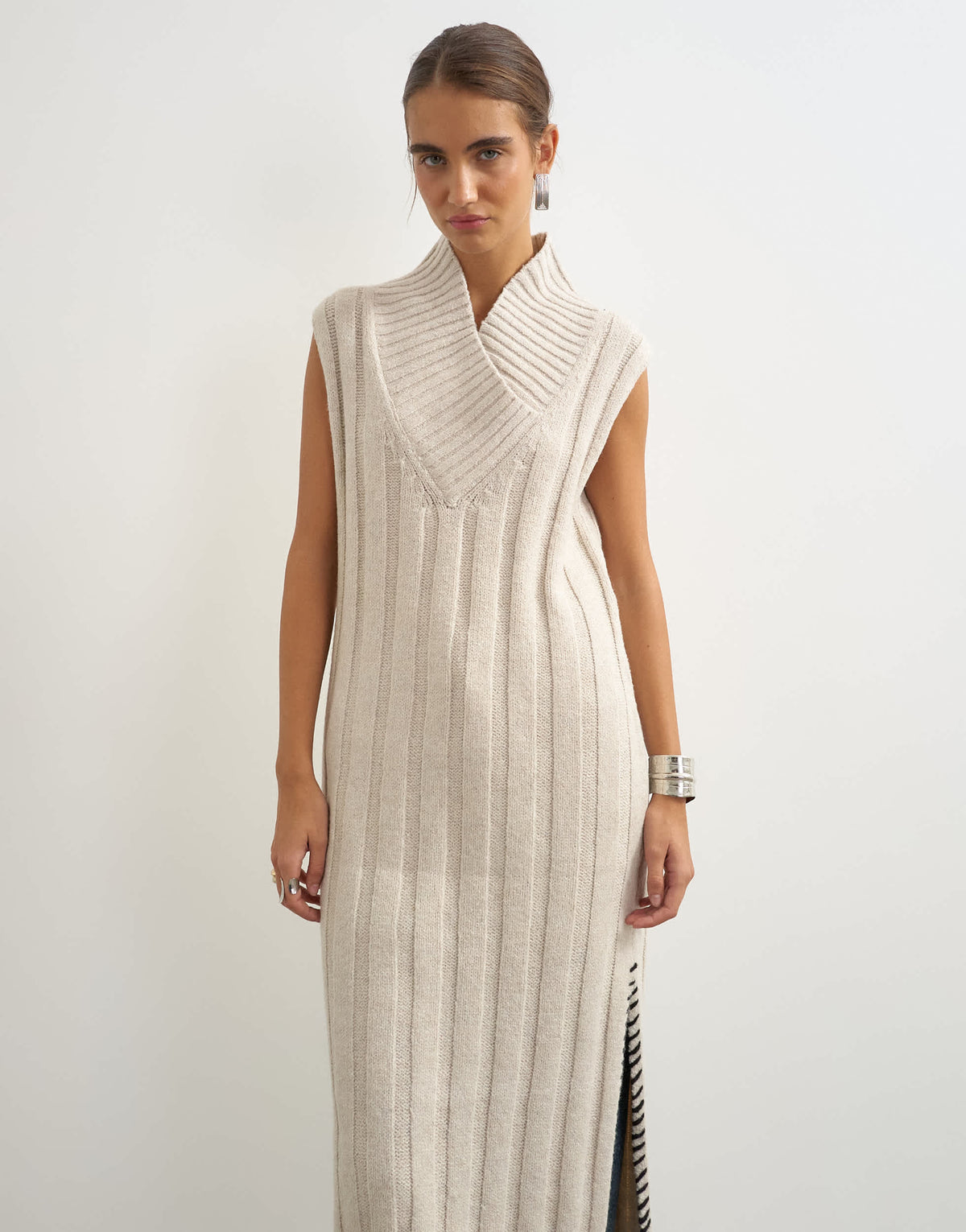 Topshop knitted cable stitch long line dress in oat