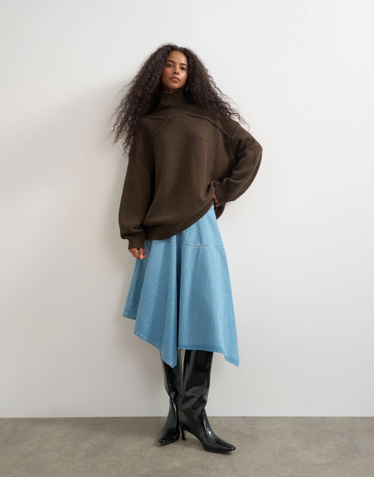Topshop knitted wool blend high neck jumper in chocolate brown