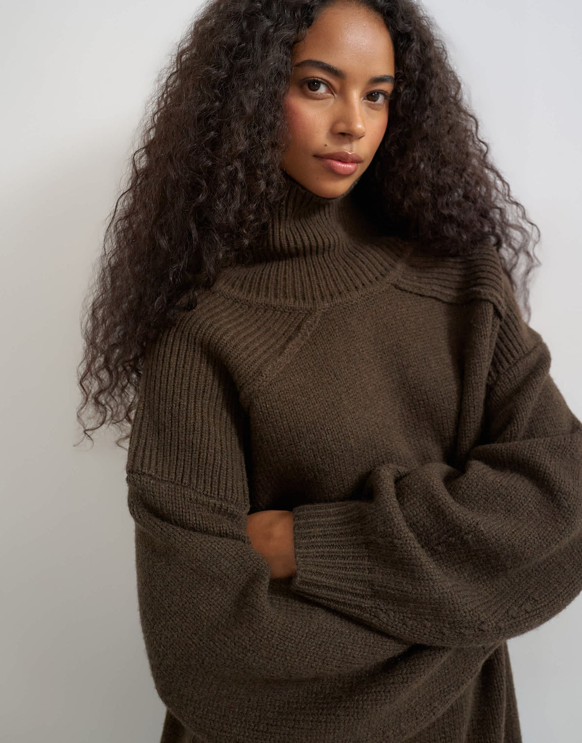 Topshop knitted wool blend high neck jumper in chocolate brown