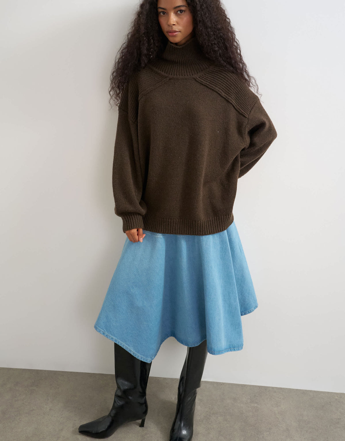 Topshop knitted wool blend high neck jumper in chocolate brown