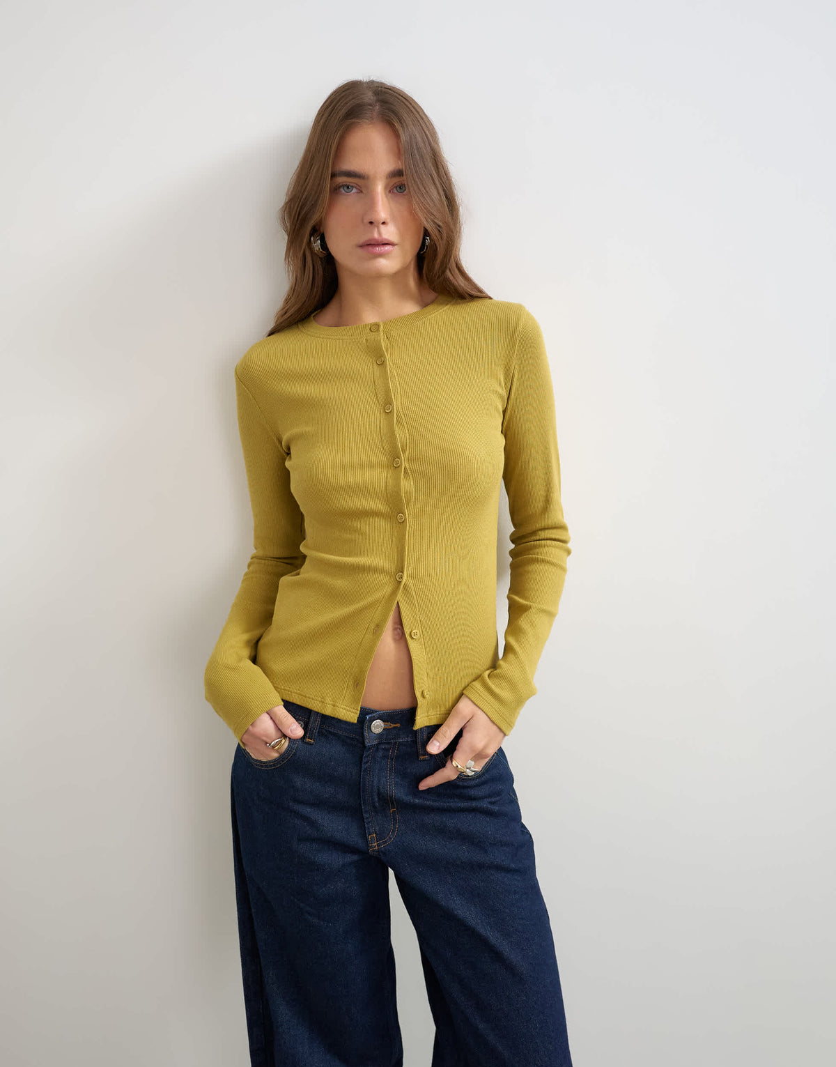Topshop button through long sleeve top in green