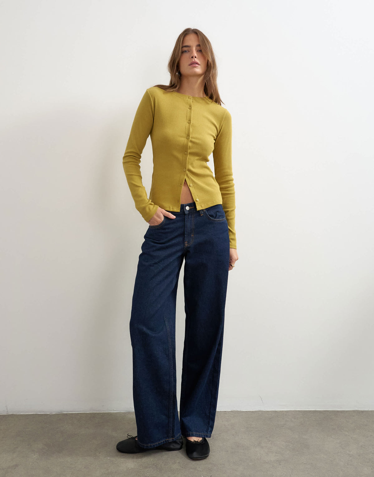 Topshop button through long sleeve top in green