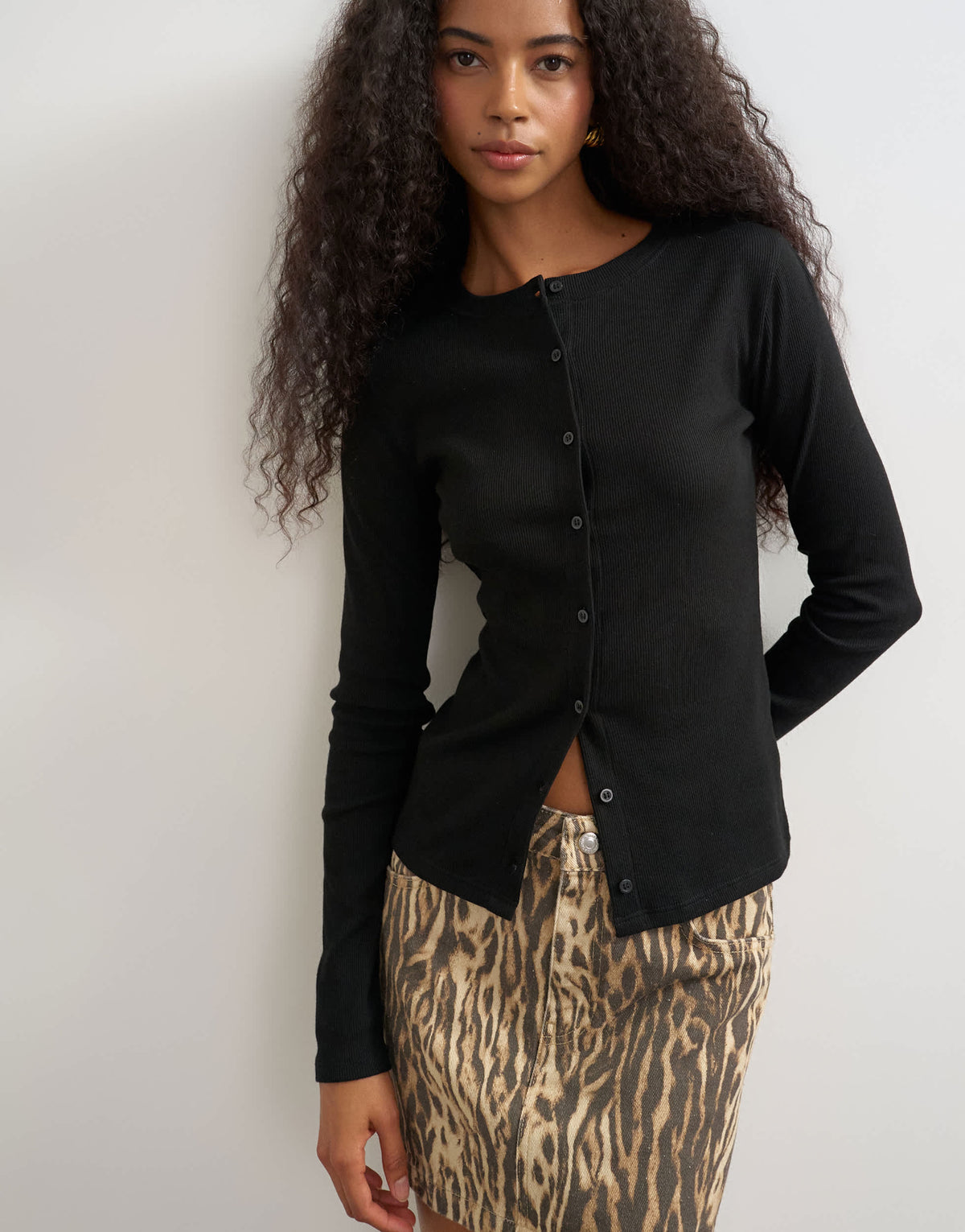 Topshop button through long sleeve top in black