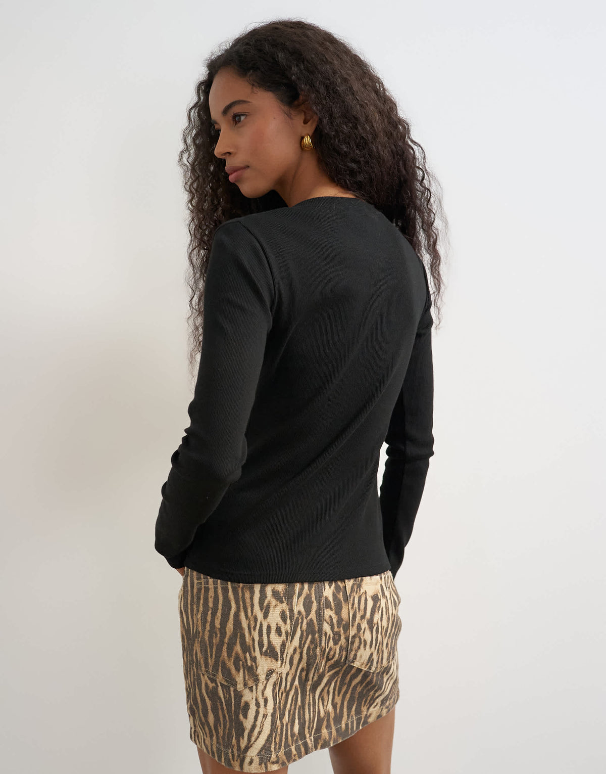 Topshop button through long sleeve top in black