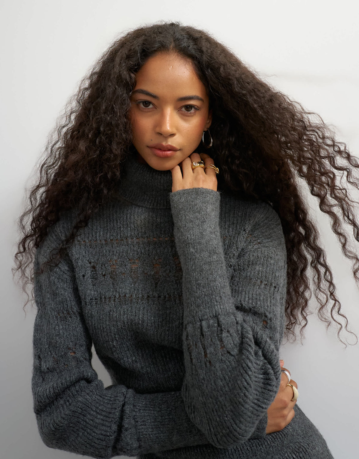 Topshop knitted stitchy high neck jumper in grey