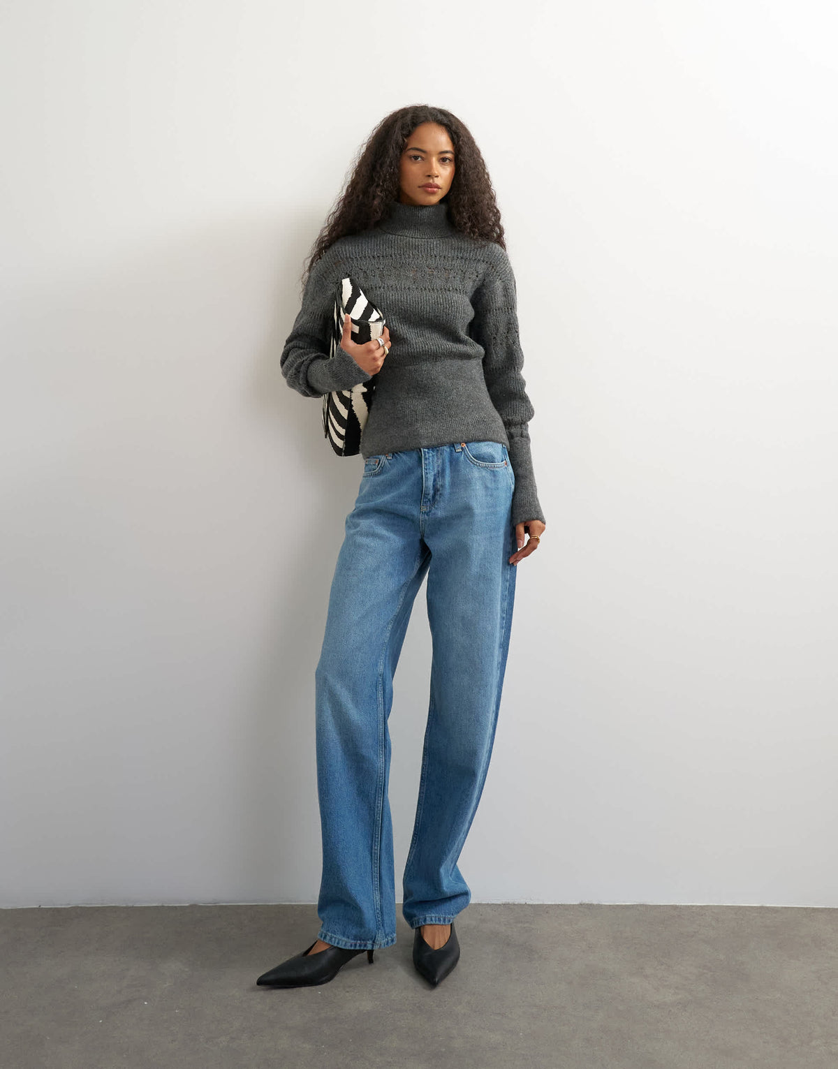 Topshop knitted stitchy high neck jumper in grey