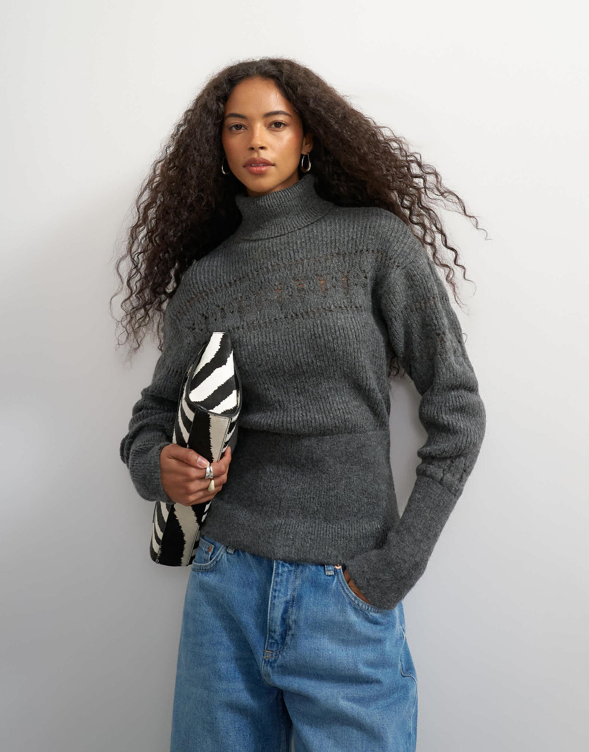 Topshop knitted stitchy high neck jumper in grey