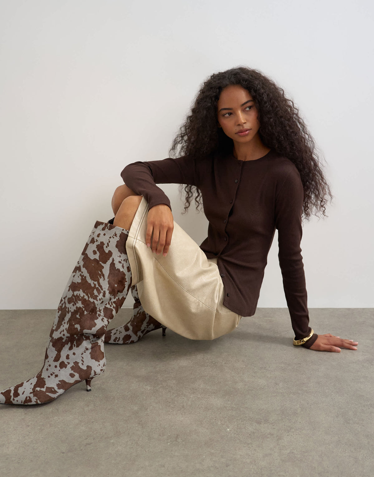 Topshop button through long sleeve top in chocolate