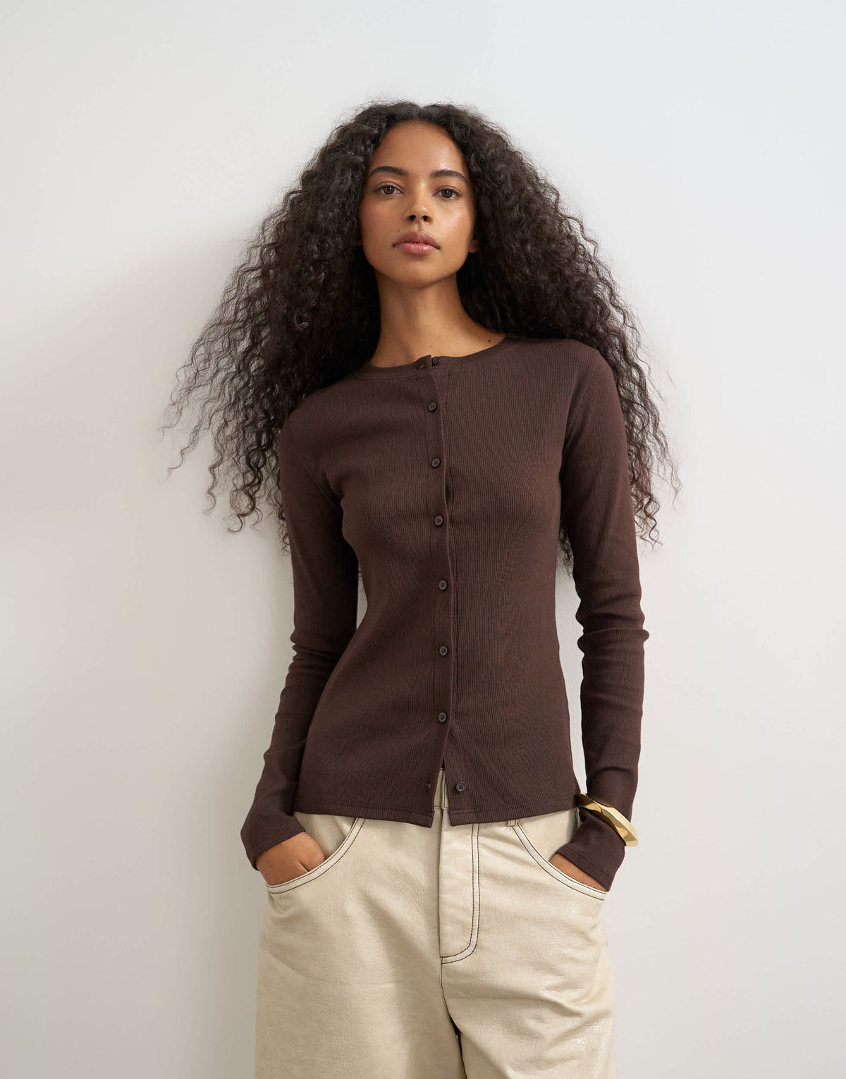 Topshop button through long sleeve top in chocolate