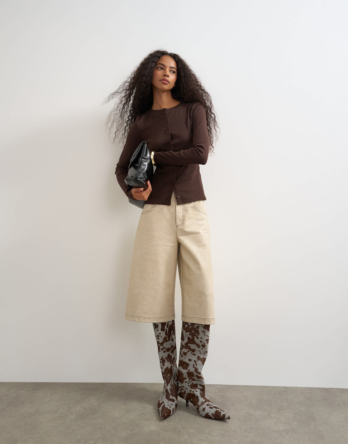 Topshop button through long sleeve top in chocolate