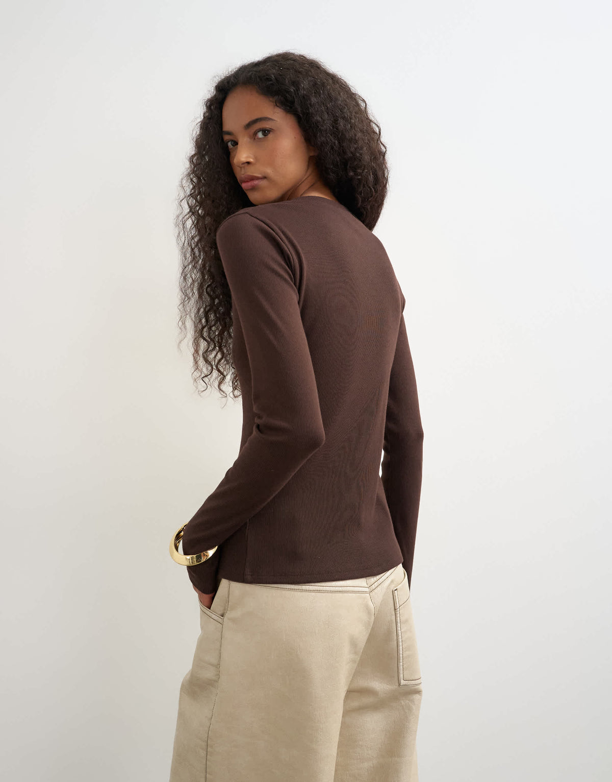 Topshop button through long sleeve top in chocolate