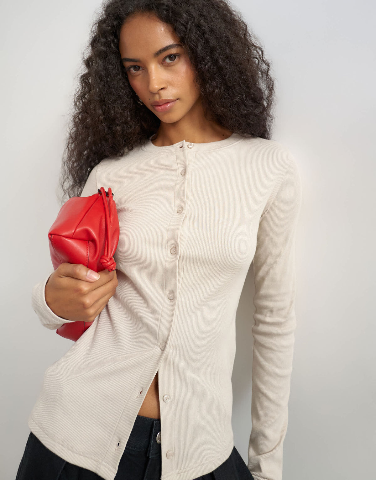 Topshop button through long sleeve top in oat