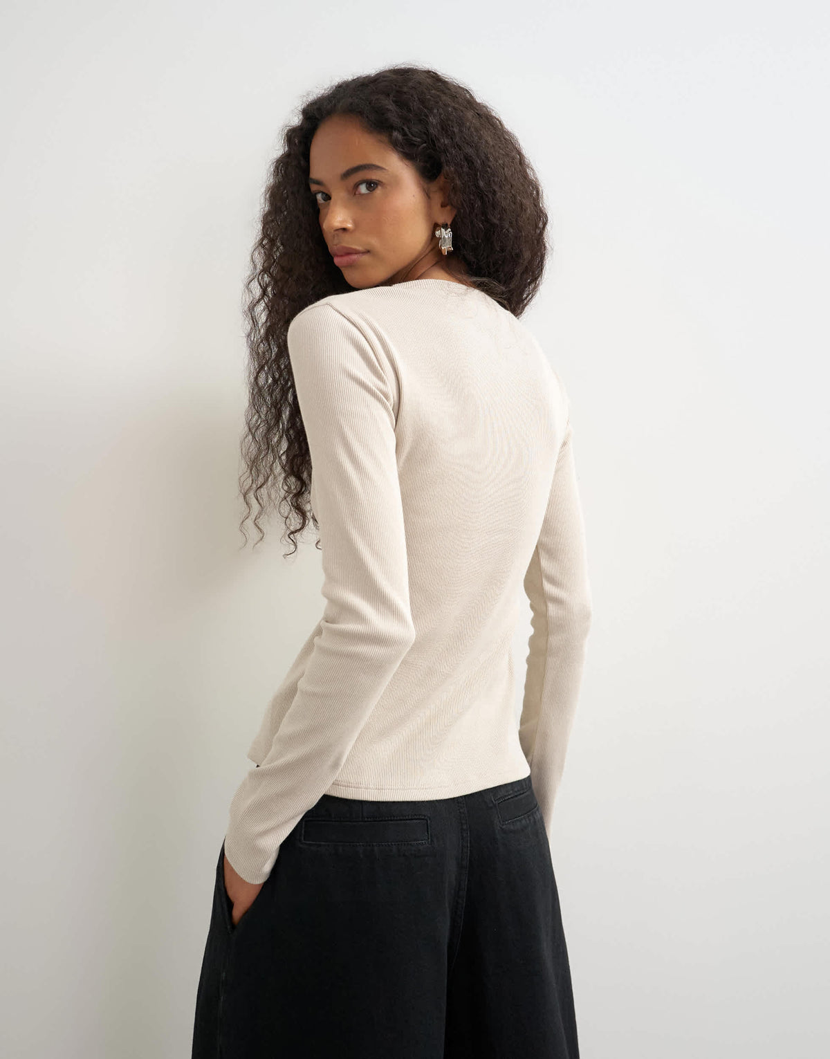 Topshop button through long sleeve top in oat