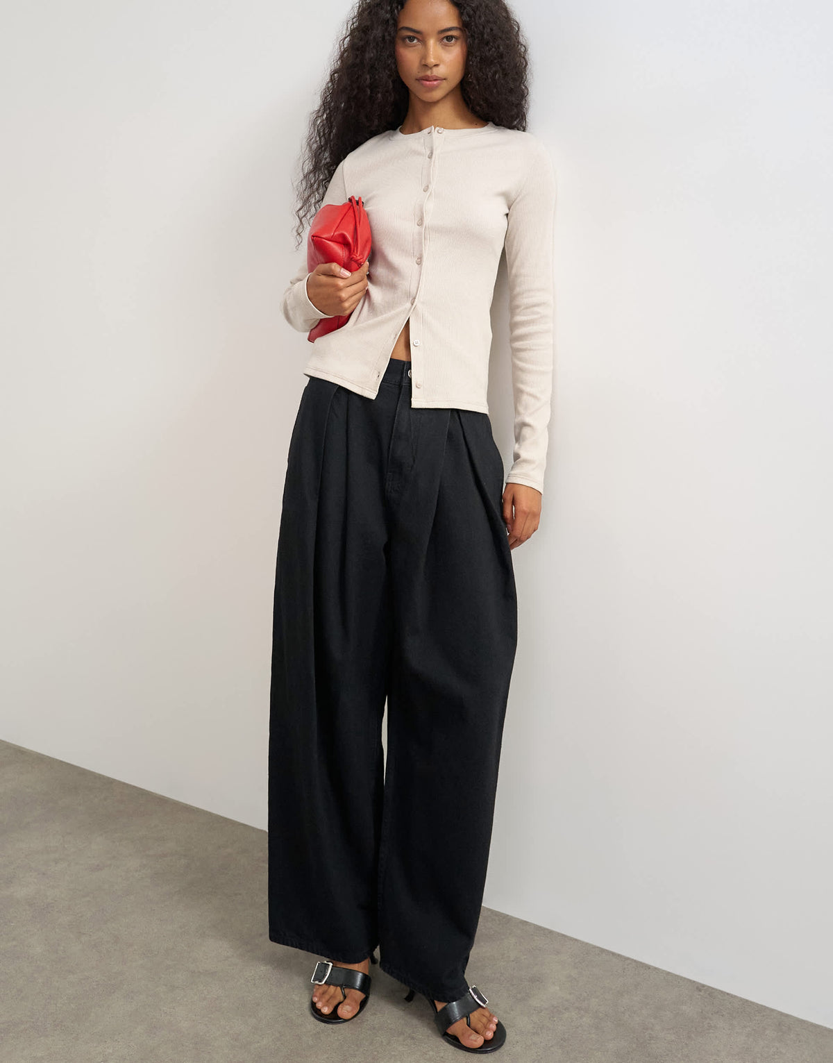 Topshop button through long sleeve top in oat