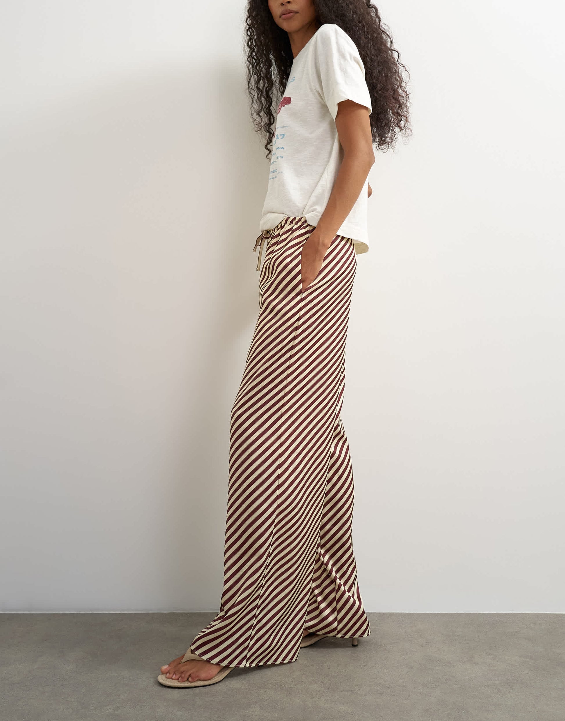 Topshop satin feel straight leg trouser in burgundy stripe