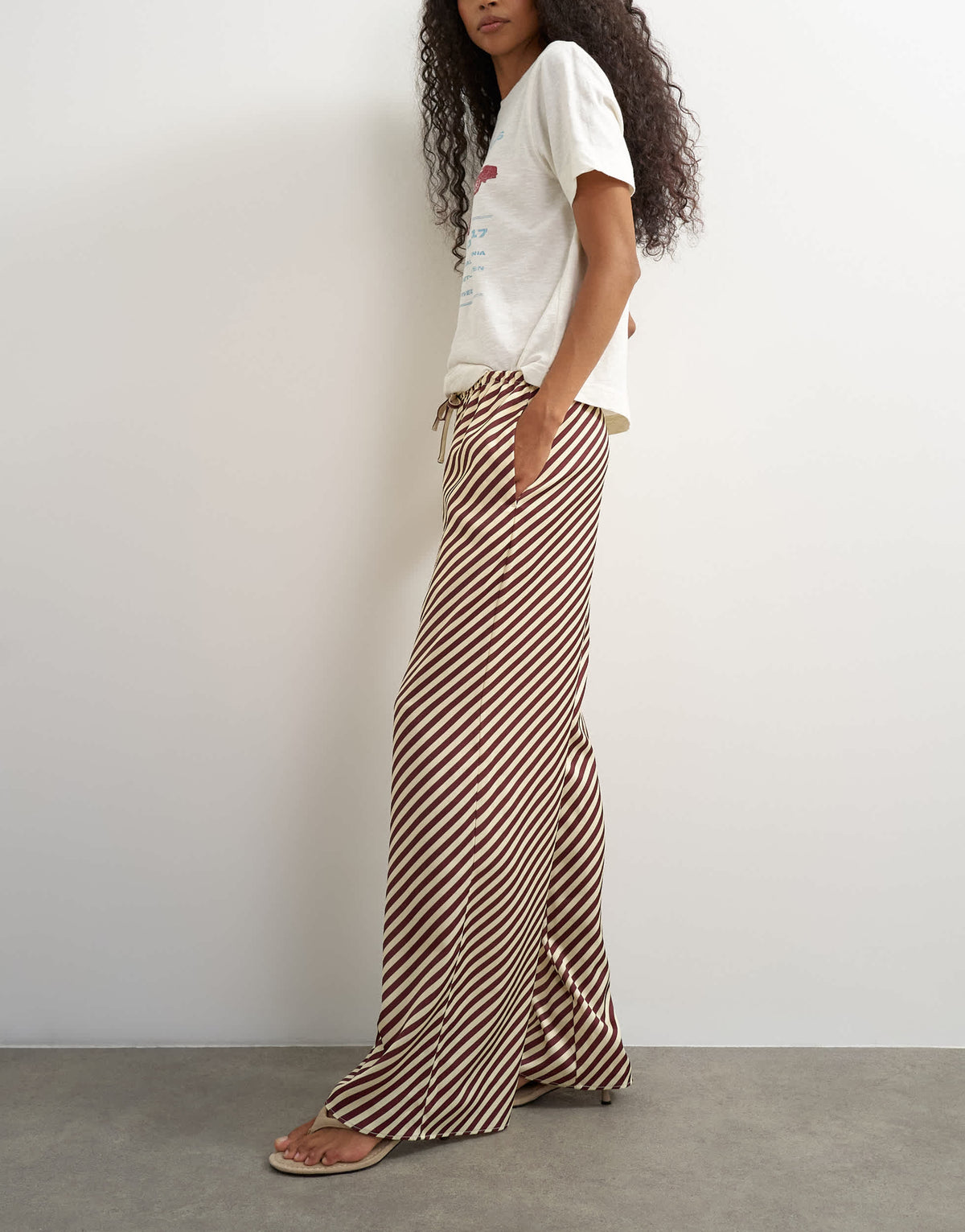 Topshop satin feel straight leg trouser in burgundy stripe