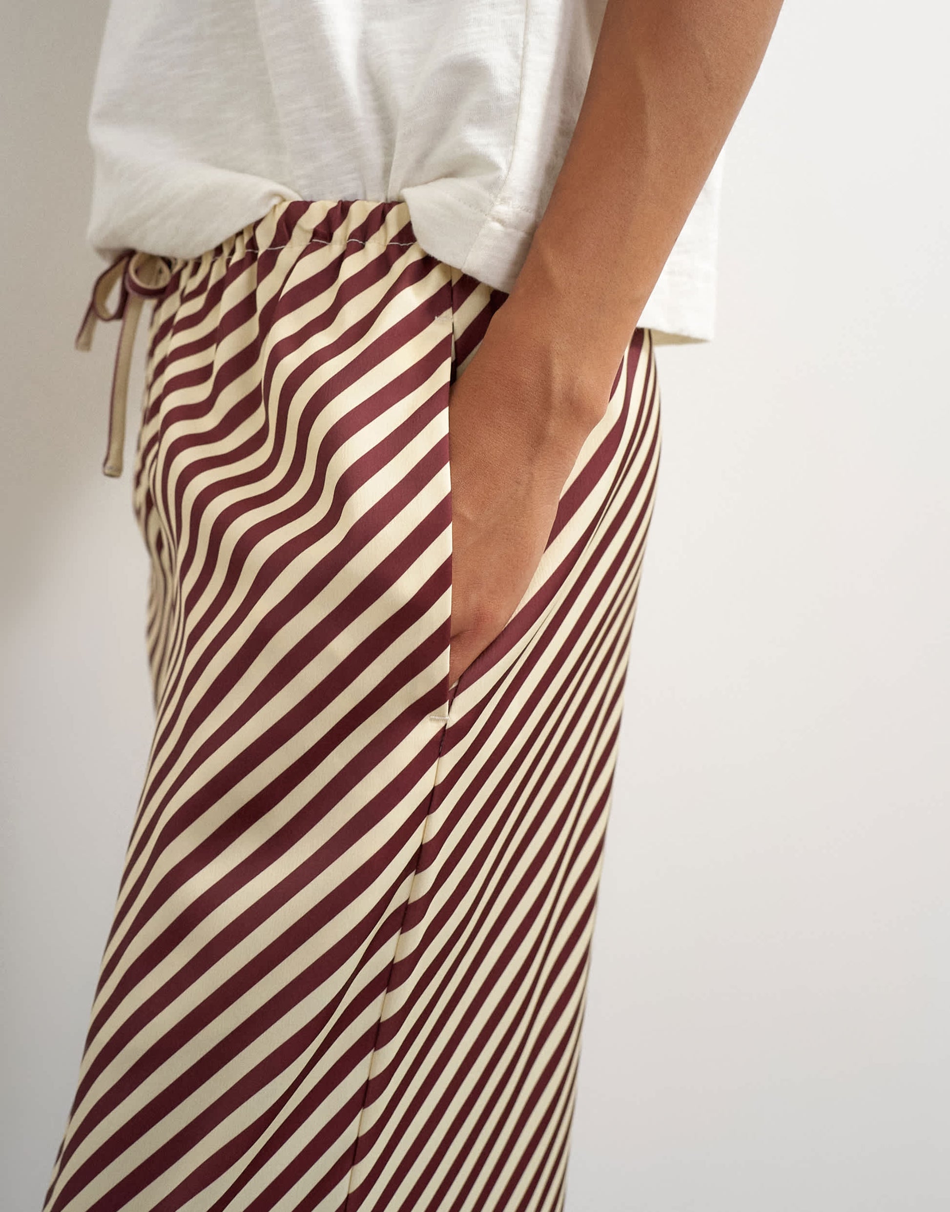 Topshop satin feel straight leg trouser in burgundy stripe