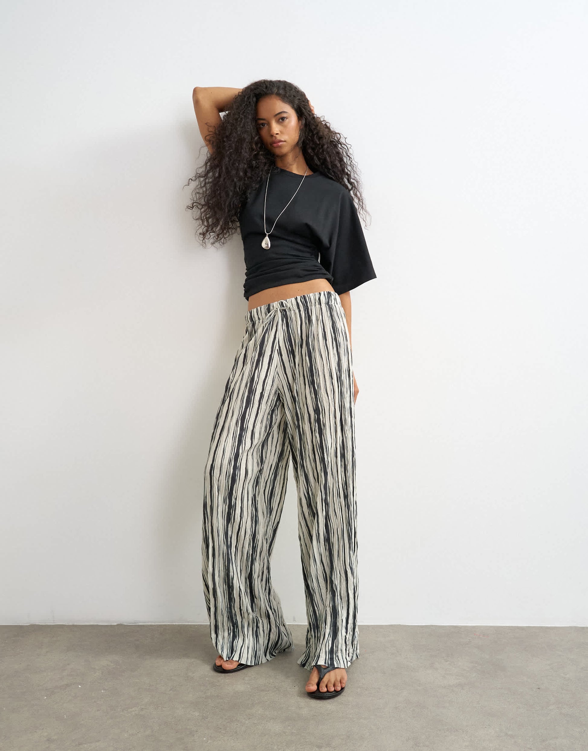 Topshop stripe plisse trouser in black