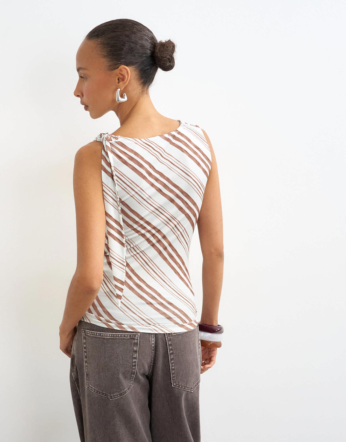 Topshop microfibre stripe knot shoulder tank in blue